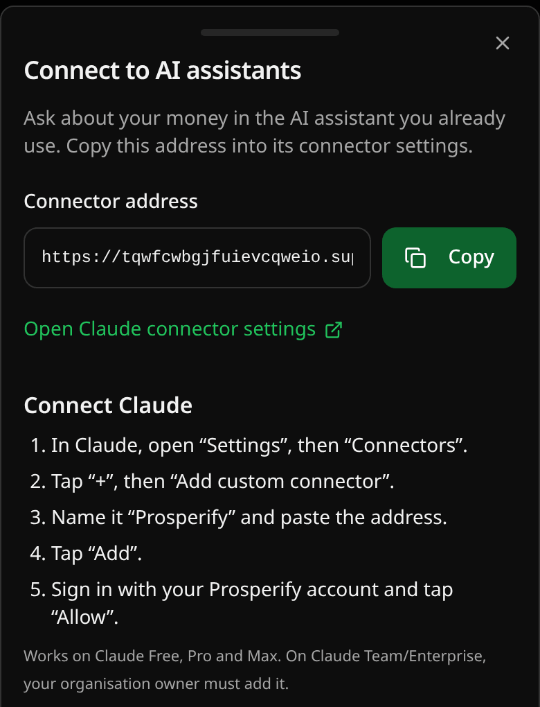 The Connect to AI assistants panel in Prosperify, with the connector address and a Copy button
